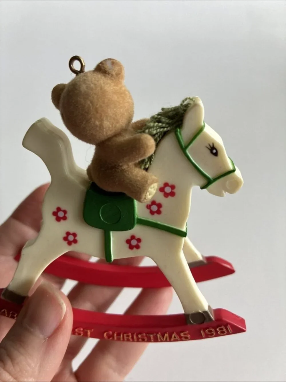 Vintage 1981 Babys First Christmas Teddy Bear Rocking Horse Ornament Flocked